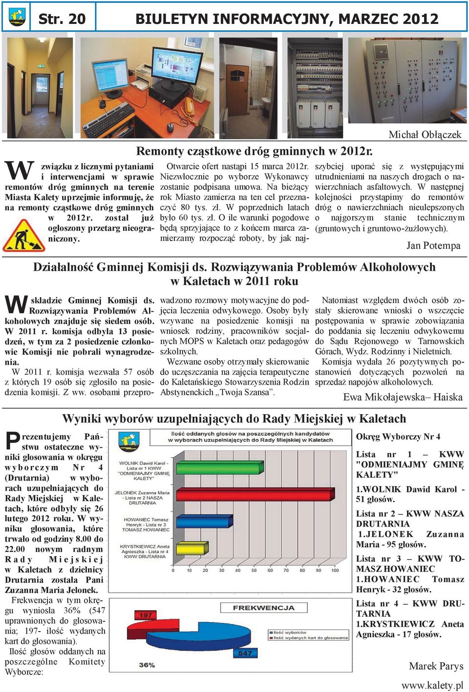 W P rezentujemy Państwu ostateczne wyniki głosowania w okręgu wy b o r c z y m N r 4 (Drutarnia) w wyborach uzupełniających do Rady Miejskiej w Kaletach, które odbyły się 26 lutego 2012 roku.