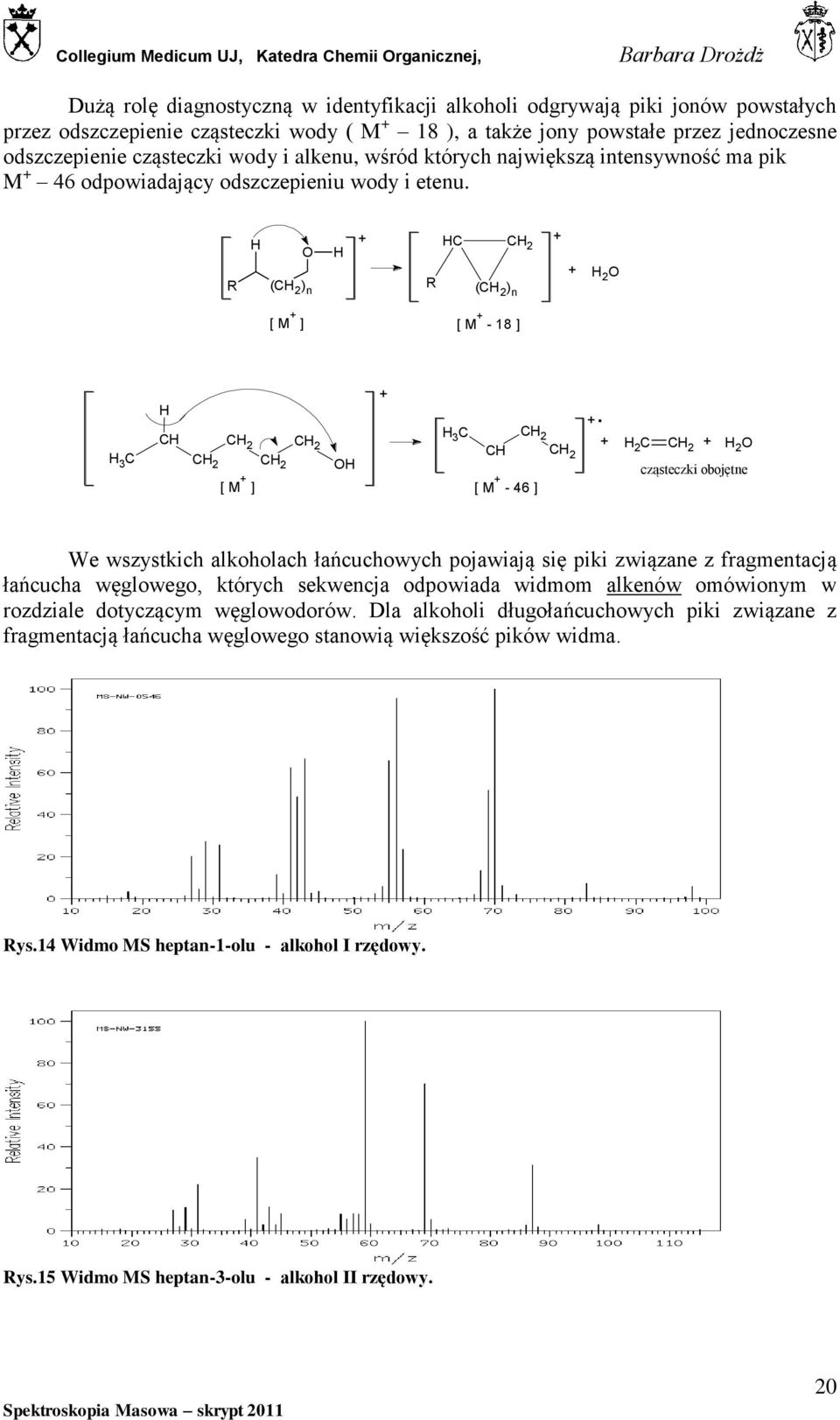 2 C 2 O cząsteczki obojętne We wszystkich alkoholach łańcuchowych pojawiają się piki związane z fragmentacją łańcucha węglowego, których sekwencja odpowiada widmom alkenów omówionym w rozdziale