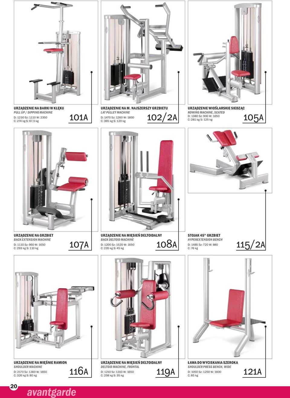 Urządzenie na grzbiet BACK EXTENSION machine D: 1110 Sz: 960 W: 1650 C: 293 kg S: 110 kg 107a Urządzenie na mięsień deltoidalny BACK deltoid machine D: 1200 Sz: 1520 W: 1650 C: 235 kg S: 45 kg 108a