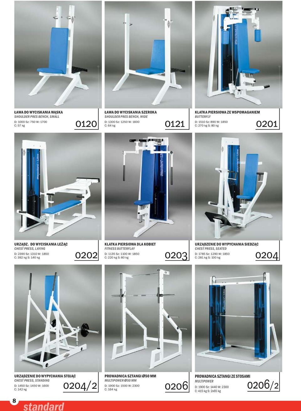 do wyciskania leżąc CHEST PRESS, LAYING D: 2390 Sz: 1310 W: 1850 C: 392 kg S: 140 kg 0202 Klatka piersiowa dla kobiet FITNESS BUTTERFLAY D: 1135 Sz: 1100 W: 1850 C: 220 kg S: 80 kg 0203 UrządzENIE do