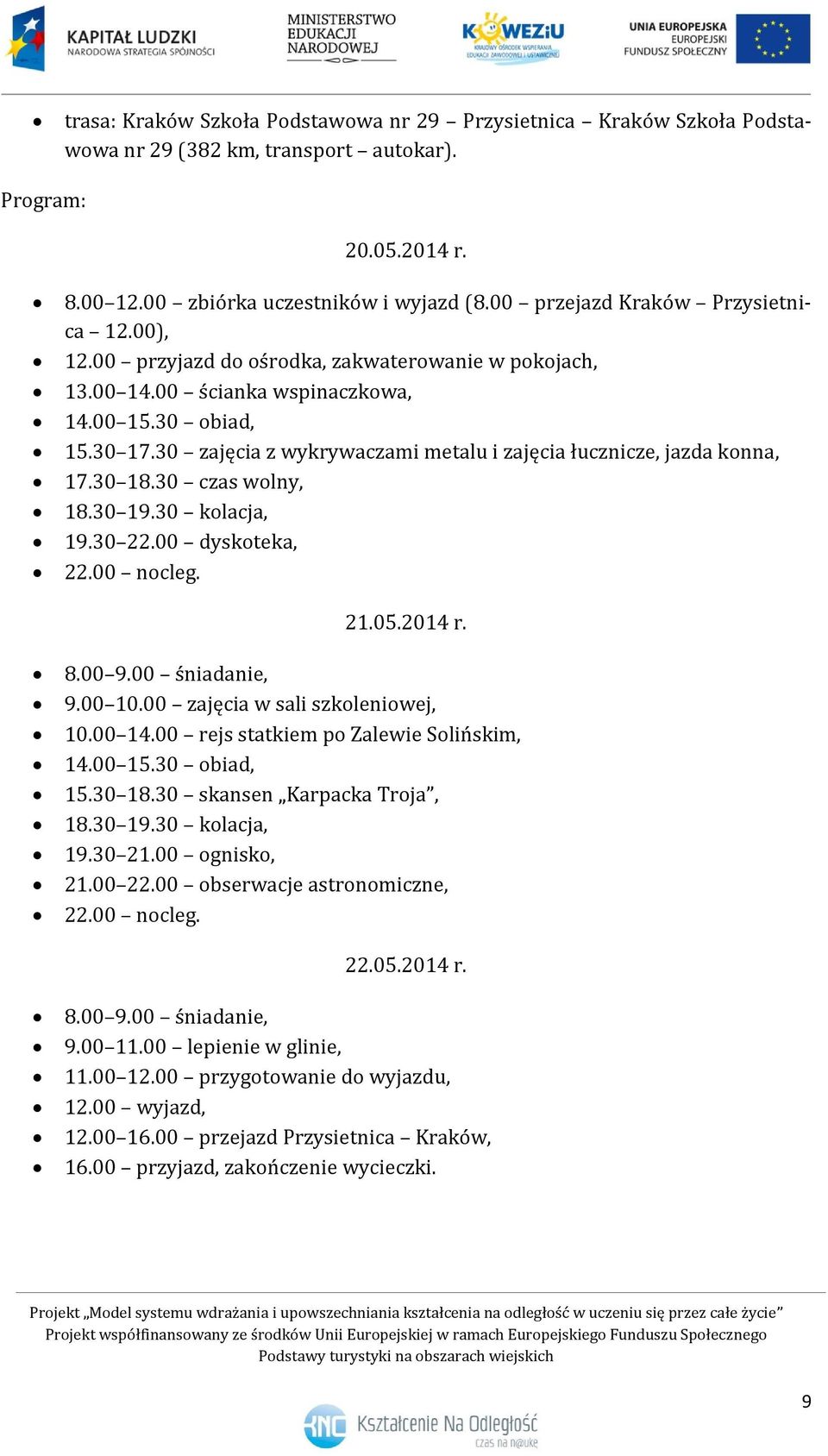 30 zajęcia z wykrywaczami metalu i zajęcia łucznicze, jazda konna, 17.30 18.30 czas wolny, 18.30 19.30 kolacja, 19.30 22.00 dyskoteka, 22.00 nocleg. 21.05.2014 r. 8.00 9.00 śniadanie, 9.00 10.