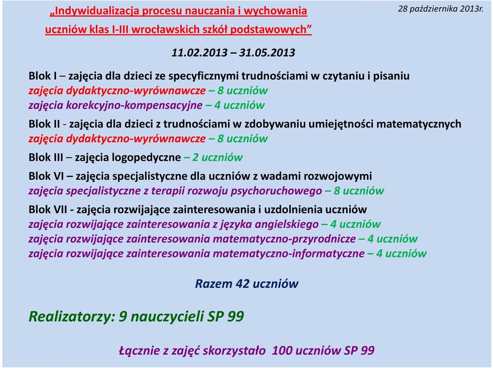 trudnościami w zdobywaniu umiejętności matematycznych zajęcia dydaktyczno-wyrównawcze 8 uczniów Blok III zajęcia logopedyczne 2 uczniów Blok VI zajęcia specjalistyczne dla uczniów z wadami