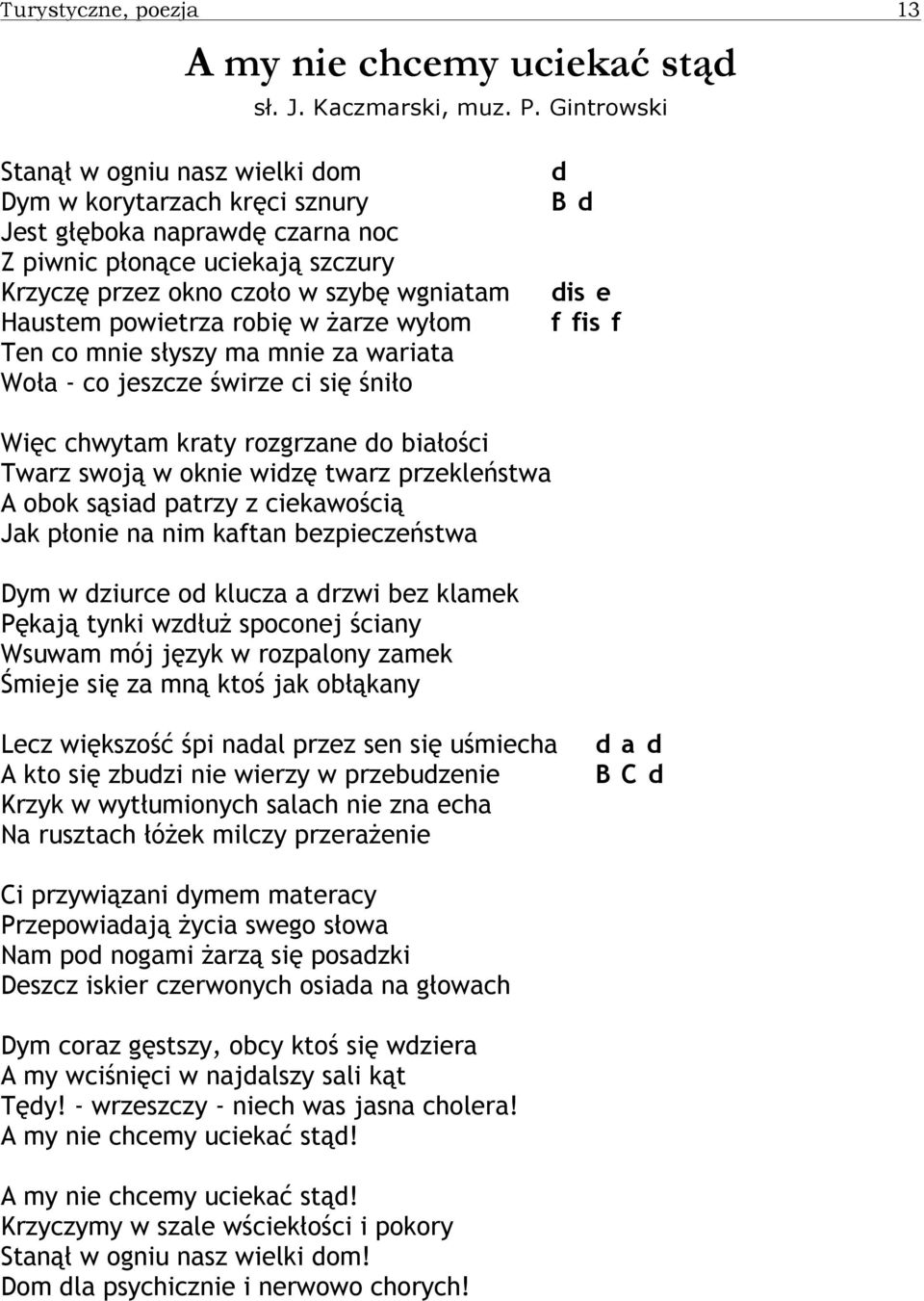 robię w Ŝarze wyłom Ten co mnie słyszy ma mnie za wariata Woła - co jeszcze świrze ci się śniło d B d dis e f fis f Więc chwytam kraty rozgrzane do białości Twarz swoją w oknie widzę twarz