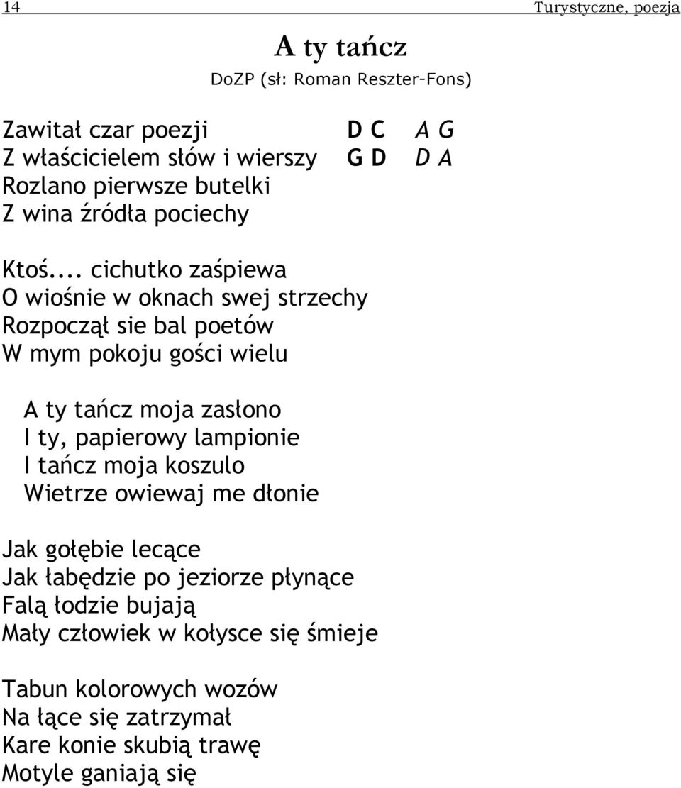 .. cichutko zaśpiewa O wiośnie w oknach swej strzechy Rozpoczął sie bal poetów W mym pokoju gości wielu A ty tańcz moja zasłono I ty, papierowy