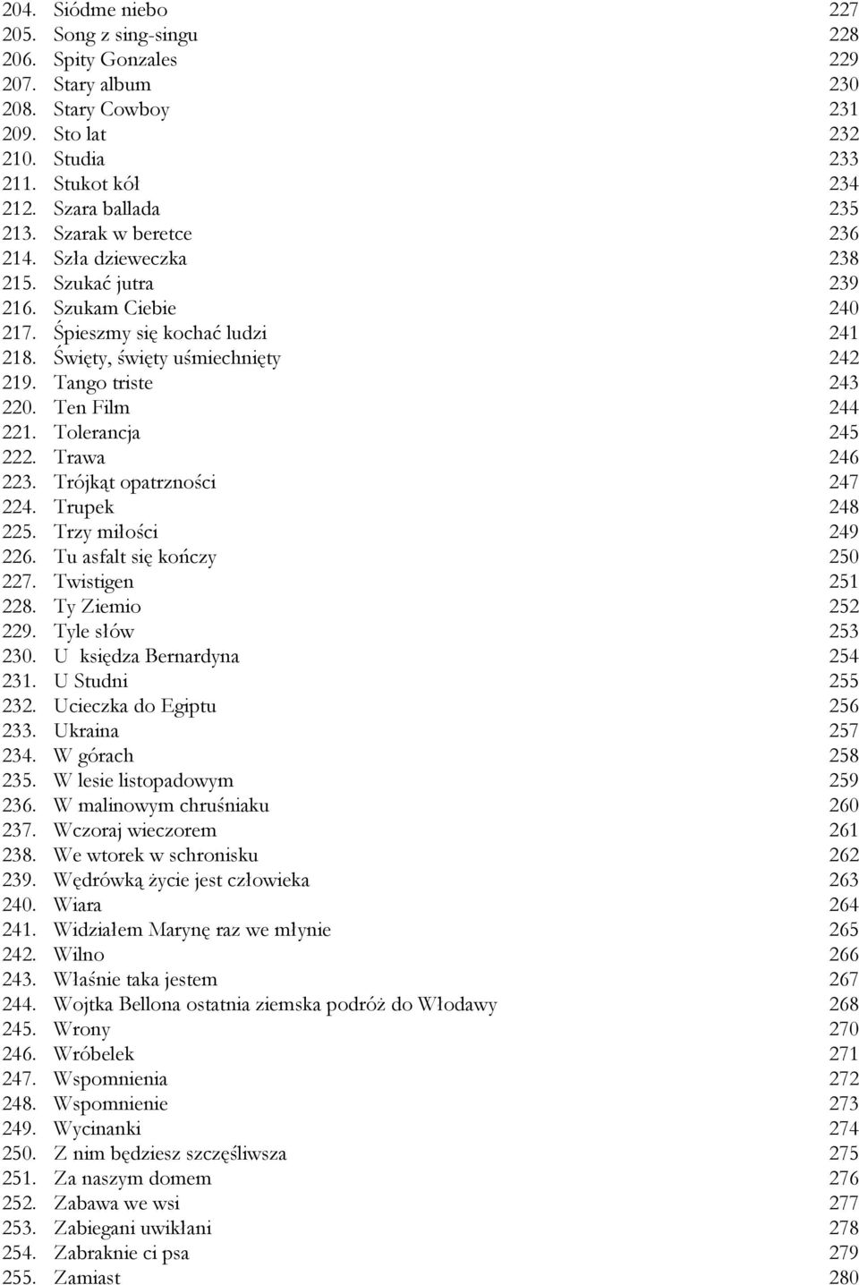 Ten Film 244 221. Tolerancja 245 222. Trawa 246 223. Trójkąt opatrzności 247 224. Trupek 248 225. Trzy miłości 249 226. Tu asfalt się kończy 250 227. Twistigen 251 228. Ty Ziemio 252 229.