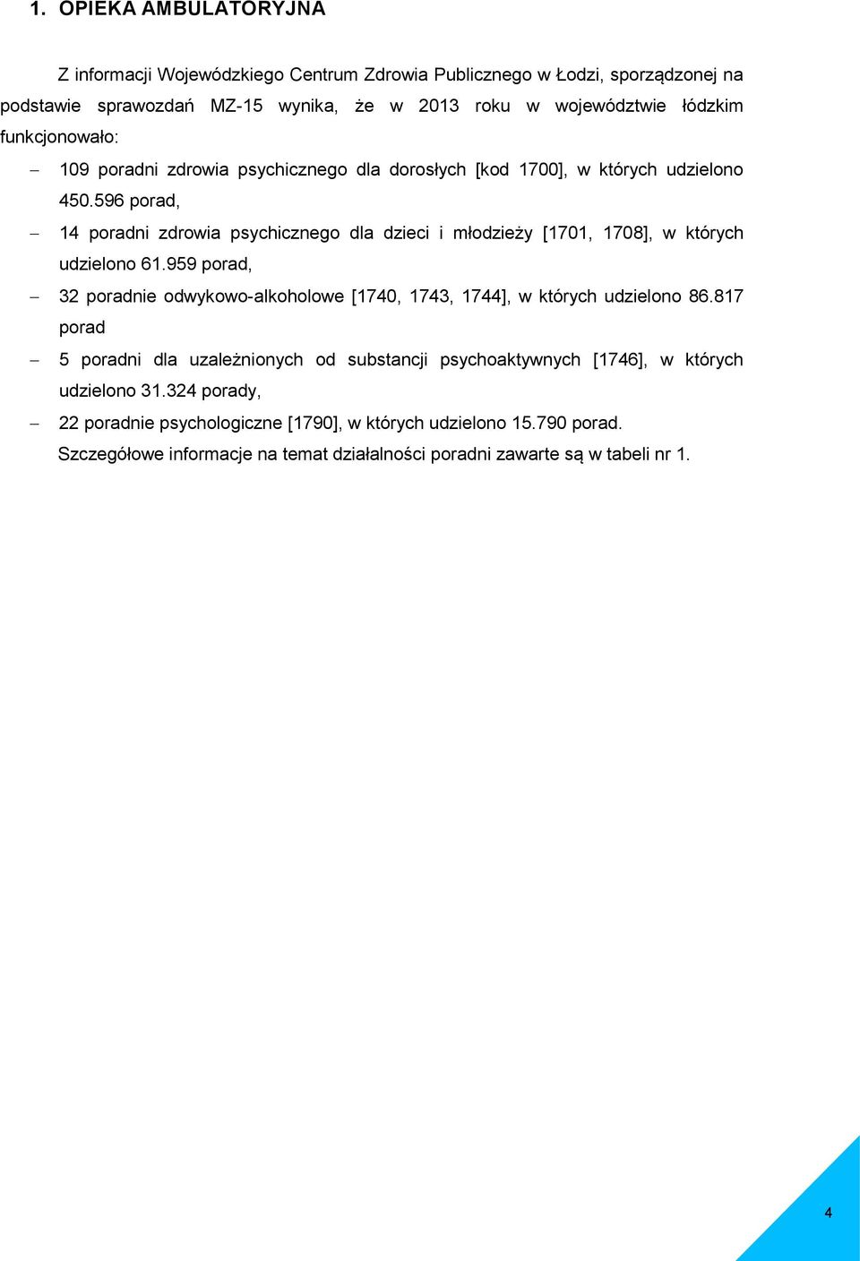 596 porad, 14 poradni zdrowia psychicznego dla dzieci i młodzieży [1701, 1708], w których udzielono 61.