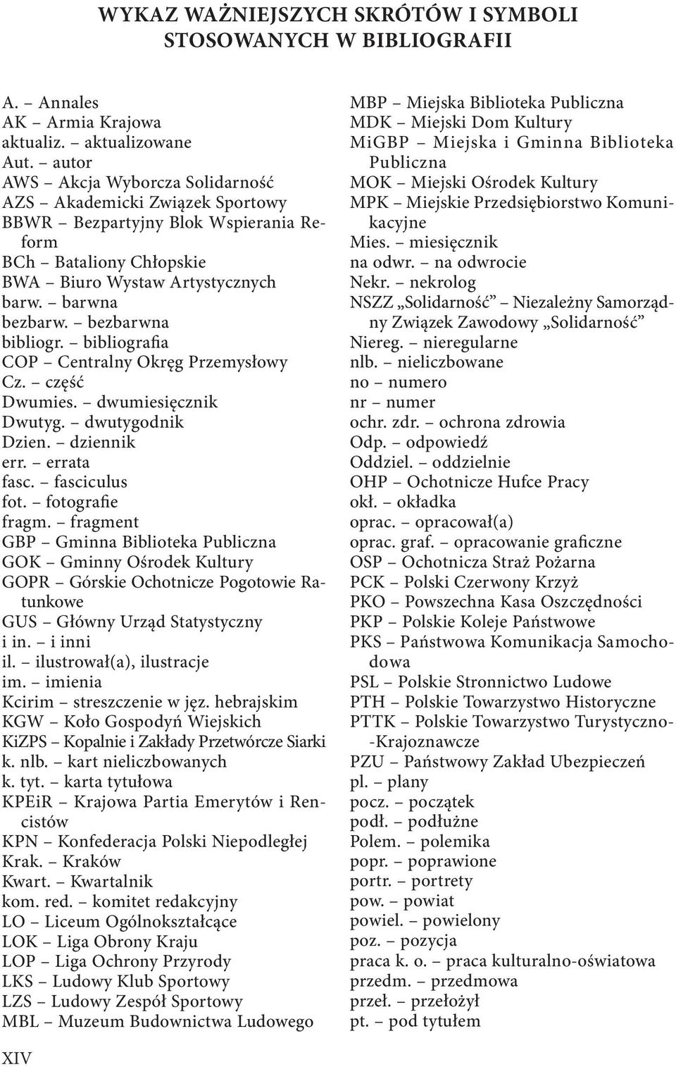 bezbarwna bibliogr. bibliografia COP Centralny Okręg Przemysłowy Cz. część Dwumies. dwumiesięcznik Dwutyg. dwutygodnik Dzien. dziennik err. errata fasc. fasciculus fot. fotografie fragm.