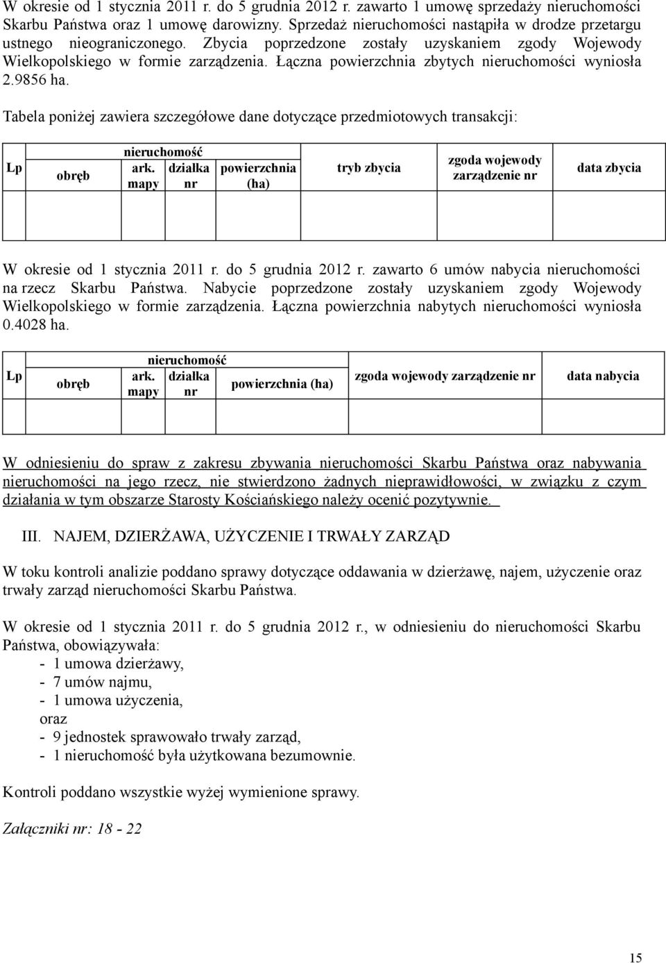 Łączna powierzchnia zbytych nieruchomości wyniosła 2.9856 ha. Tabela poniżej zawiera szczegółowe dane dotyczące przedmiotowych transakcji: Lp obręb nieruchomość ark.