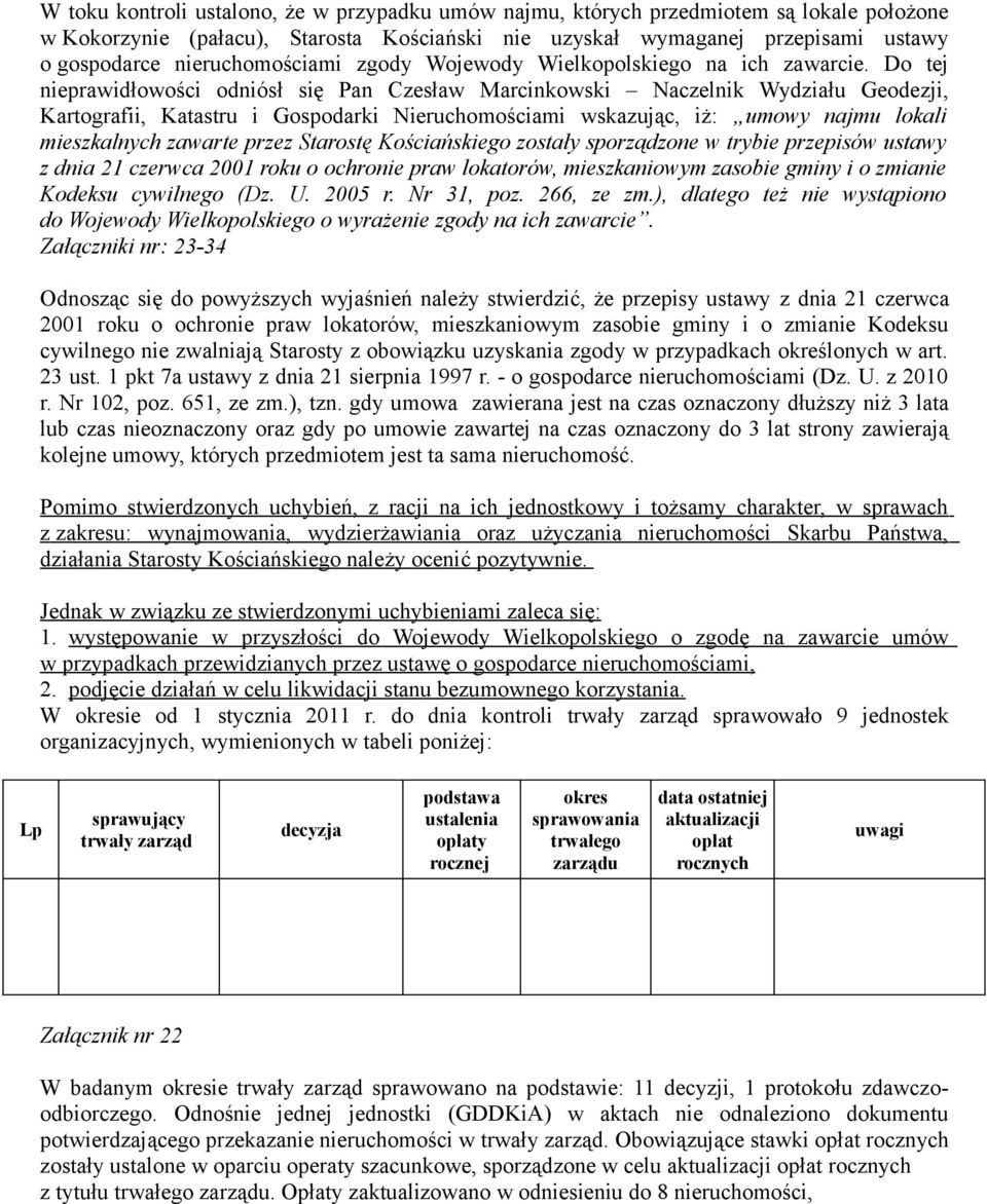 Do tej nieprawidłowości odniósł się Pan Czesław Marcinkowski Naczelnik Wydziału Geodezji, Kartografii, Katastru i Gospodarki Nieruchomościami wskazując, iż: umowy najmu lokali mieszkalnych zawarte