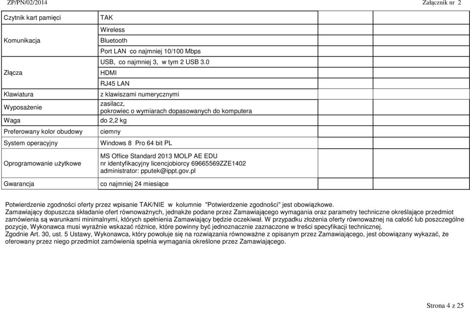 do komputera Oprogramowanie użytkowe MS Office Standard 2013 MOLP AE EDU nr identyfikacyjny licencjobiorcy 69665569ZZE1402 administrator: pputek@ippt.gov.