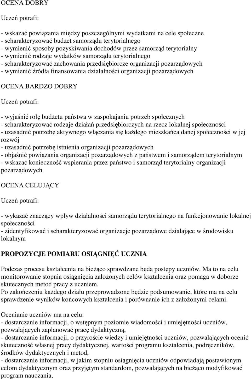 pozarządowych OCENA BARDZO DOBRY - wyjaśnić rolę budŝetu państwa w zaspokajaniu potrzeb społecznych - scharakteryzować rodzaje działań przedsiębiorczych na rzecz lokalnej społeczności - uzasadnić