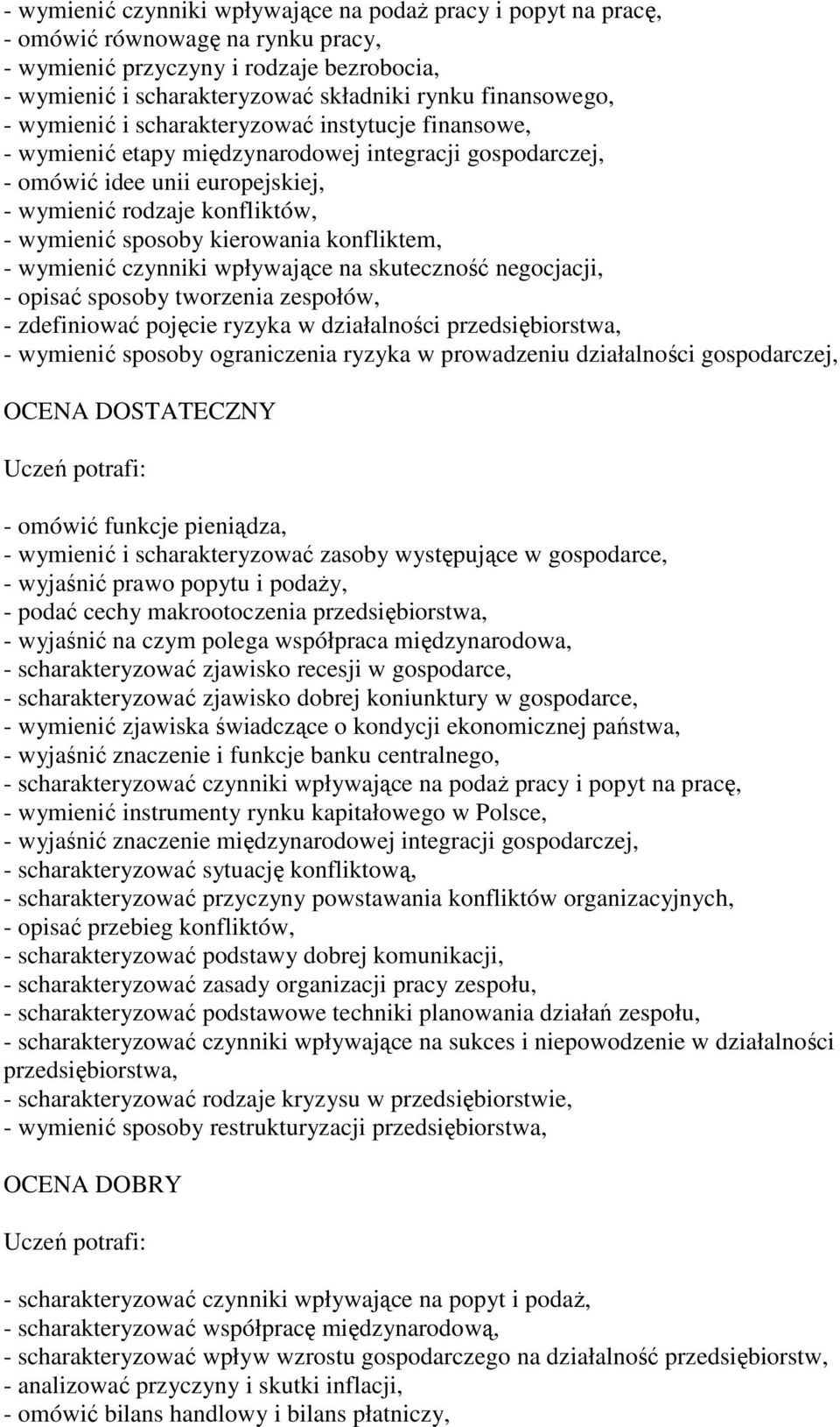 sposoby kierowania konfliktem, - wymienić czynniki wpływające na skuteczność negocjacji, - opisać sposoby tworzenia zespołów, - zdefiniować pojęcie ryzyka w działalności przedsiębiorstwa, - wymienić