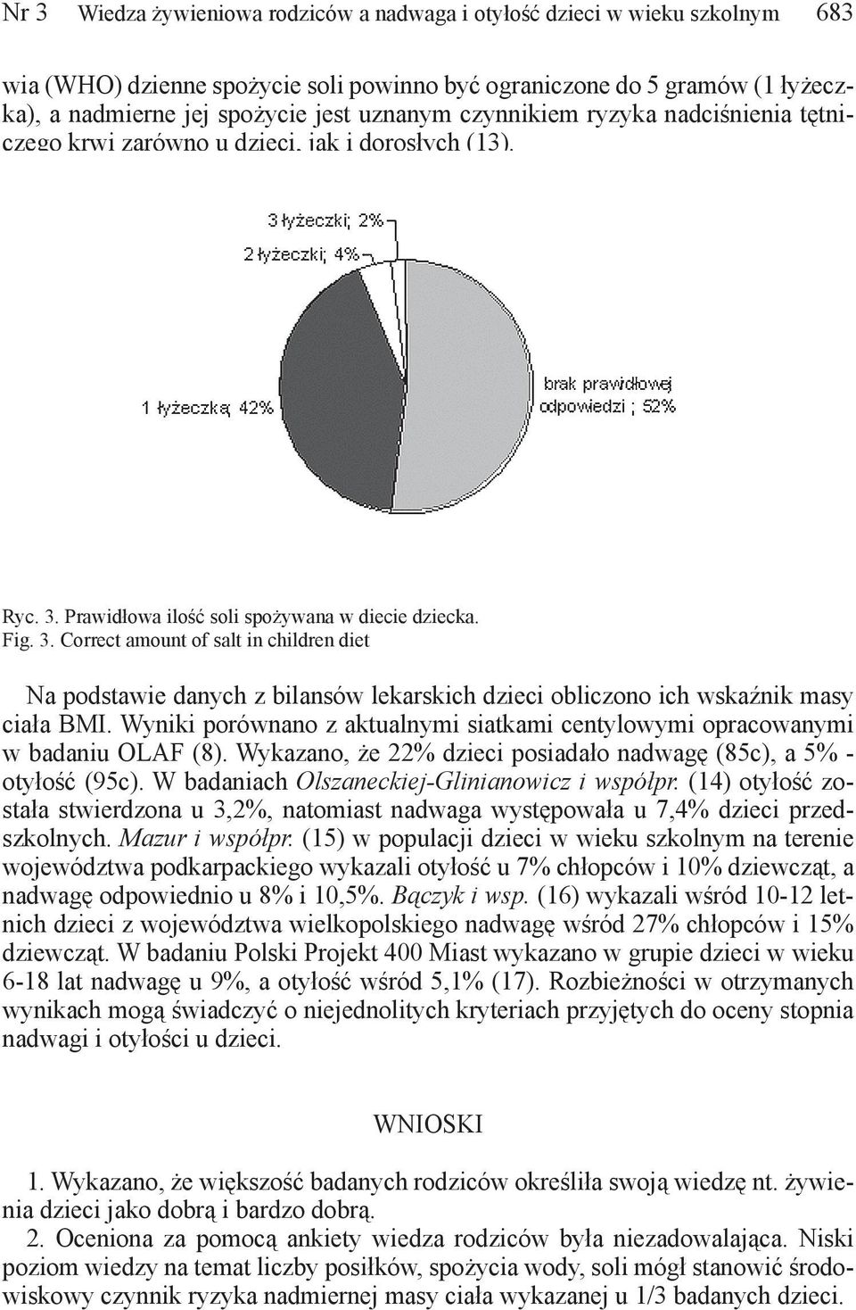 Prawidłowa ilość soli spożywana w diecie dziecka. Fig. 3. Correct amount of salt in children diet Na podstawie danych z bilansów lekarskich dzieci obliczono ich wskaźnik masy ciała BMI.