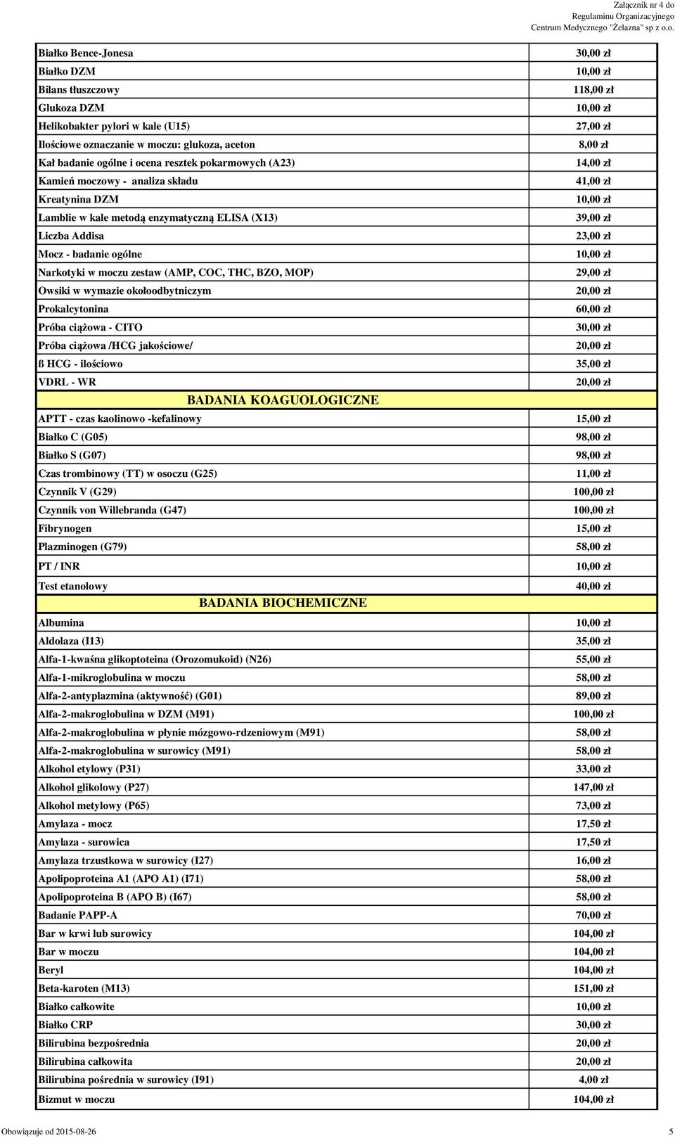 okołoodbytniczym Prokalcytonina Próba ciążowa - CITO Próba ciążowa /HCG jakościowe/ ß HCG - ilościowo VDRL - WR BADANIA KOAGUOLOGICZNE APTT - czas kaolinowo -kefalinowy Białko C (G05) Białko S (G07)