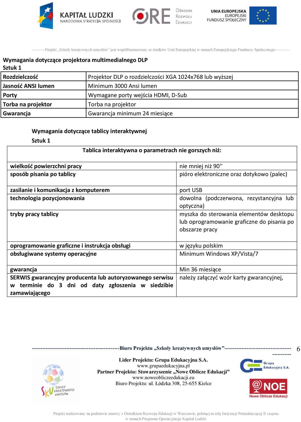 projektor Gwarancja minimum 24 miesiące Wymagania dotyczące tablicy interaktywnej Sztuk 1 Tablica interaktywna o parametrach nie gorszych niż: wielkość powierzchni pracy sposób pisania po tablicy