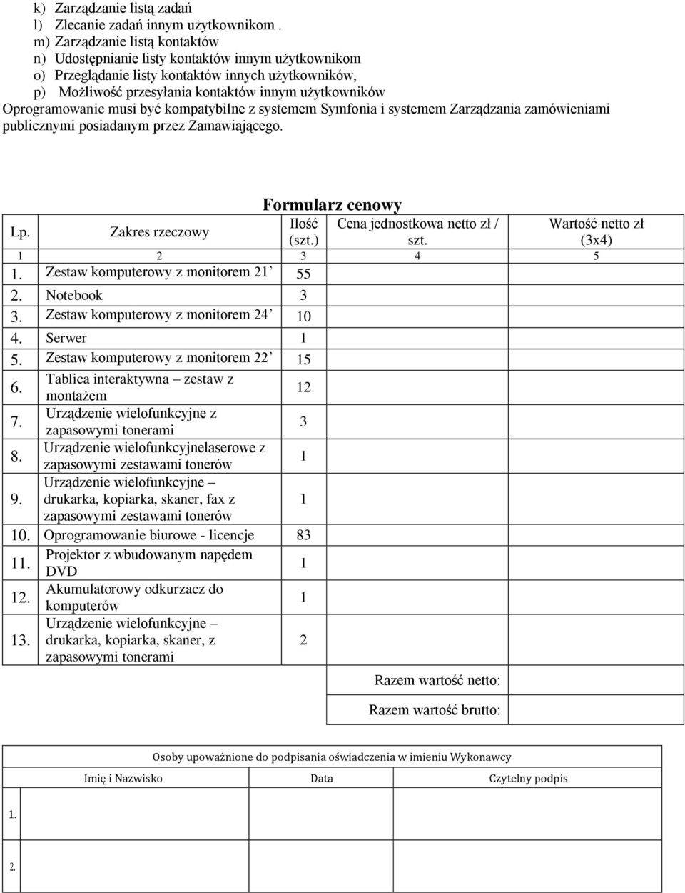 Oprogramowanie musi być kompatybilne z systemem Symfonia i systemem Zarządzania zamówieniami publicznymi posiadanym przez Zamawiającego. Formularz cenowy Lp.