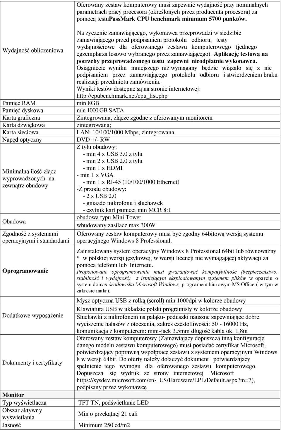 operacyjnymi i standardami Oprogramowanie Dodatkowe wyposażenie Dokumenty i certyfikaty Monitor Typ wyświetlacza Obszar aktywny wyświetlania Jasność Na życzenie zamawiającego, wykonawca przeprowadzi
