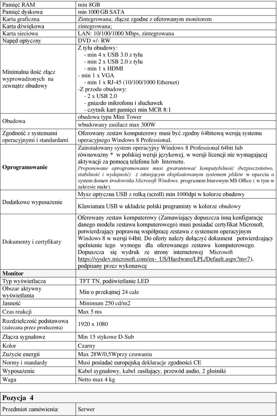 Złącza sygnałowe Kolor Zużycie energii Normy i standardy Wyposażenie Waga min 8GB min 1000 GB SATA Zintegrowana; złącze zgodne z oferowanym monitorem zintegrowana; LAN: 10/100/1000 Mbps, zintegrowana