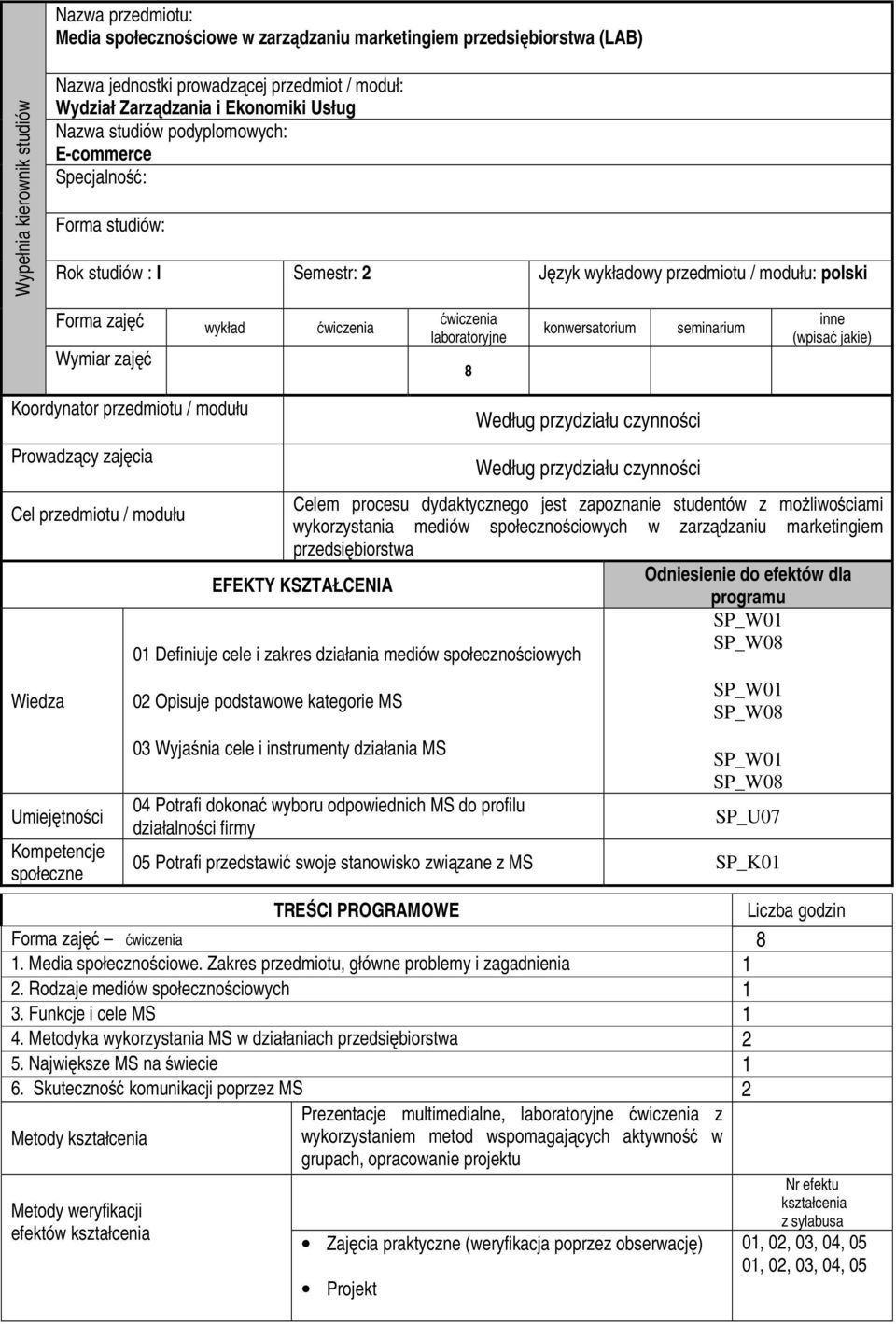 8 konwersatorium seminarium inne (wpisać jakie) Koordynator przedmiotu / modułu Prowadzący zajęcia Wiedza 02 Opisuje podstawowe kategorie MS 03 Wyjaśnia cele i instrumenty działania MS Celem procesu