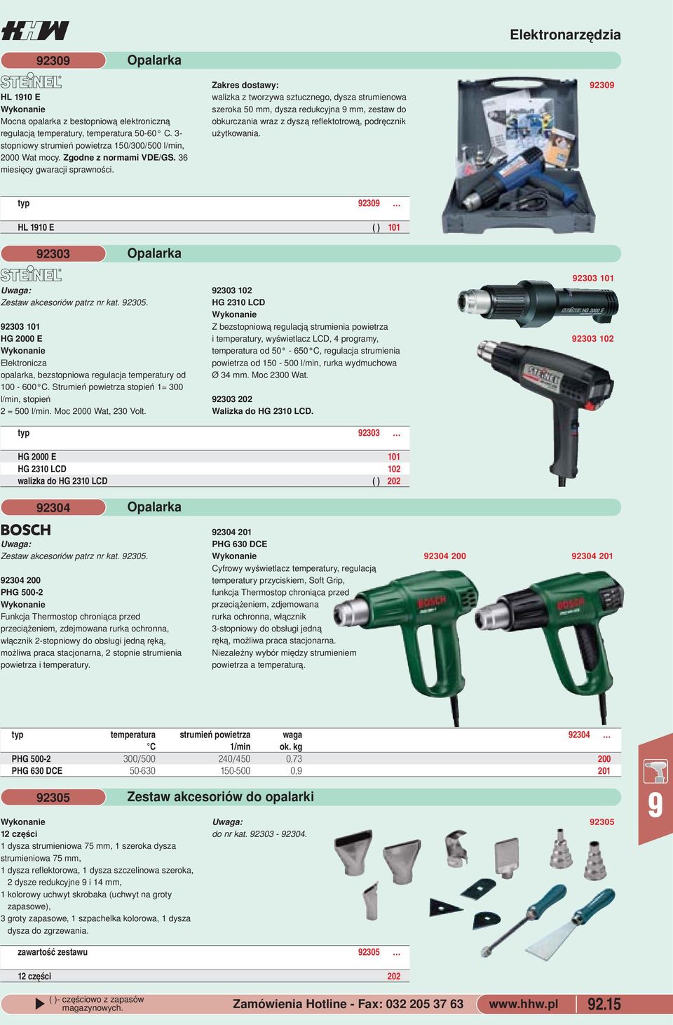 Elektronarzędzia 230 typ 230 HL 110 E ( ) 101 2303 5 Zestaw akcesoriów patrz nr kat 2305 Opalarka 2303 101 HG 2000 E Elektronicza opalarka, bezstopniowa regulacja temperatury od 100-600 C Strumień