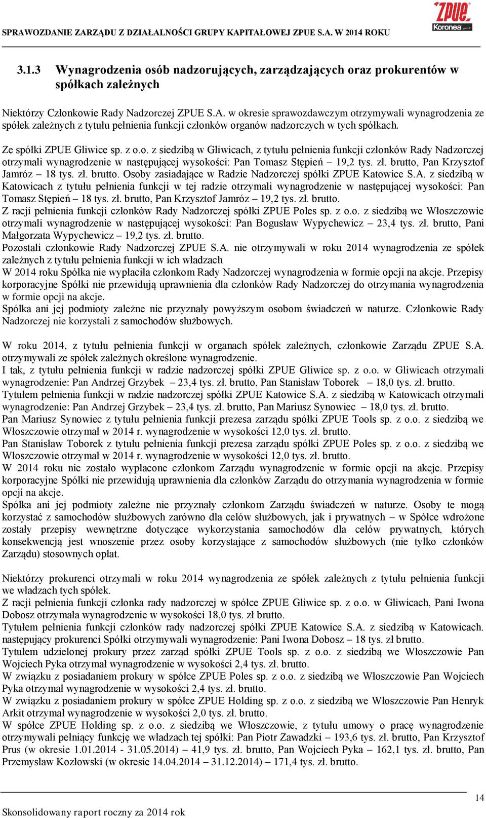 zł. brutto, Pan Krzysztof Jamróz 18 tys. zł. brutto. Osoby zasiadające w Radzie Nadzorczej spółki ZPUE Katowice S.A.