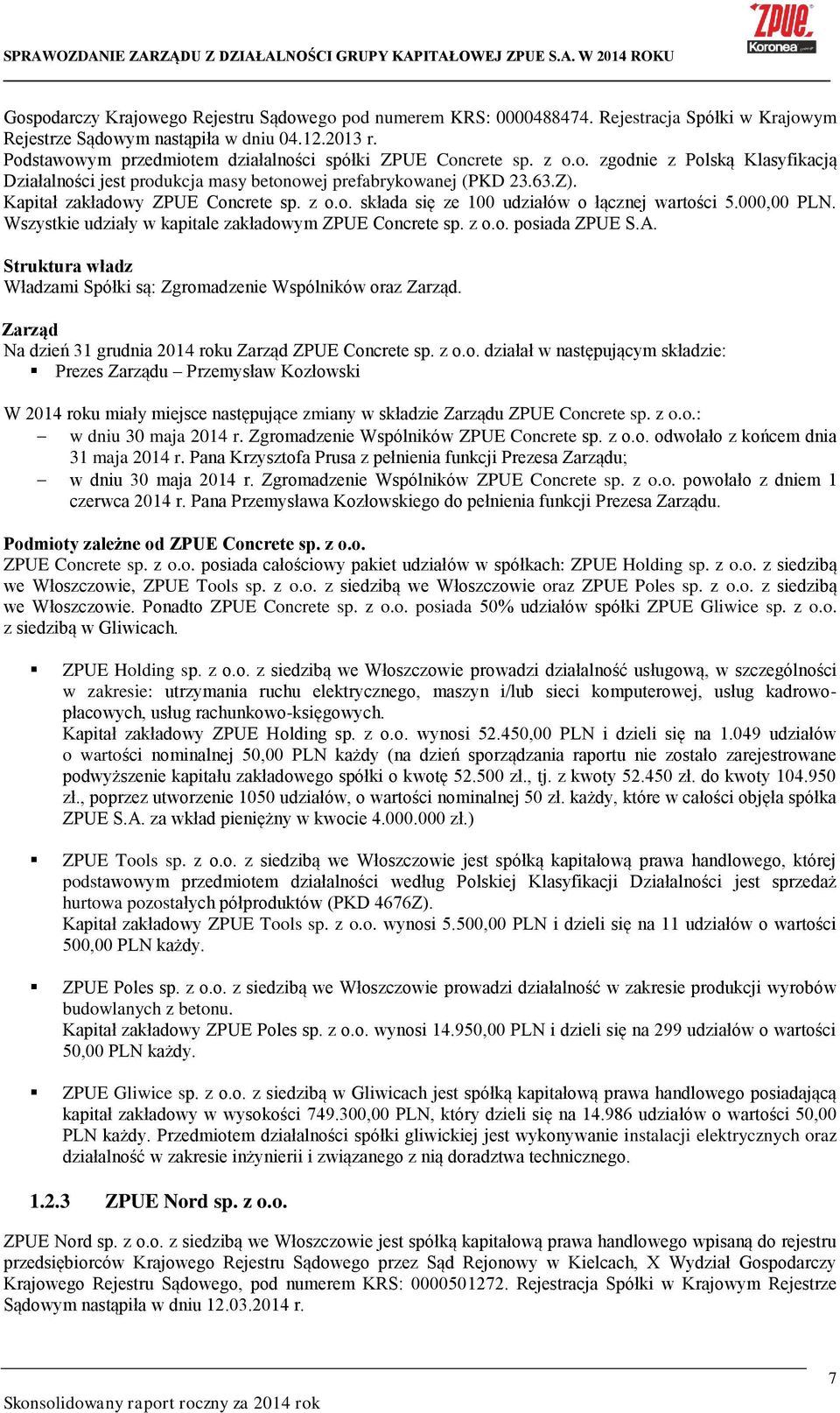 Kapitał zakładowy ZPUE Concrete sp. z o.o. składa się ze 100 udziałów o łącznej wartości 5.000,00 PLN. Wszystkie udziały w kapitale zakładowym ZPUE Concrete sp. z o.o. posiada ZPUE S.A.