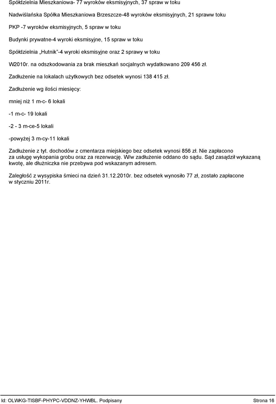 Zadłużenie na lokalach użytkowych bez odsetek wynosi 138 415 zł. Zadłużenie wg ilości miesięcy: mniej niż 1 mc 6 lokali 1 mc 19 lokali 2 3 mce5 lokali powyżej 3 mcy11 lokali Zadłużenie z tyt.