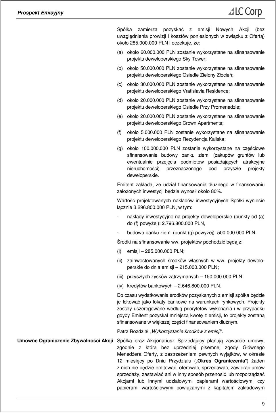 000.000 PLN zostanie wykorzystane na sfinansowanie projektu deweloperskiego Vratislavia Residence; (d) około 20.000.000 PLN zostanie wykorzystane na sfinansowanie projektu deweloperskiego Osiedle Przy Promenadzie; (e) około 20.