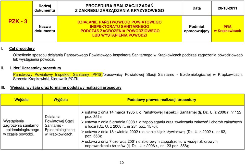 Cel procedury Określenie sposobu działania Państwowego Powiatowego Inspektora Sanitarnego w Krapkowicach podczas zagrożenia powodziowego lub wystąpienia powodzi. II.