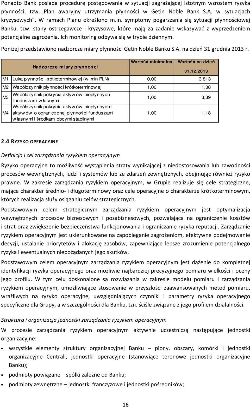 Ich monitoring odbywa się w trybie dziennym. Poniżej przedstawiono nadzorcze miary płynności Getin Noble Banku S.A. na dzień 31 grudnia 2013 r. Wartość na dzień 31.12.