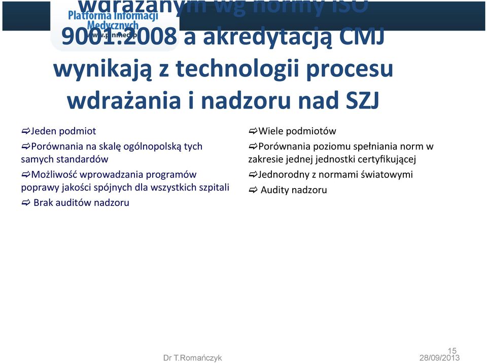 jakości spójnych dla wszystkich szpitali c Brak auditów nadzoru c Wiele podmiotów c Porównania poziomu spełniania