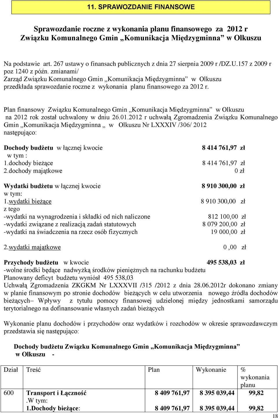 zmianami/ Zarząd Związku Komunalnego Gmin Komunikacja Międzygminna w Olkuszu przedkłada sprawozdanie roczne z wykonania planu finansowego za 2012 r.