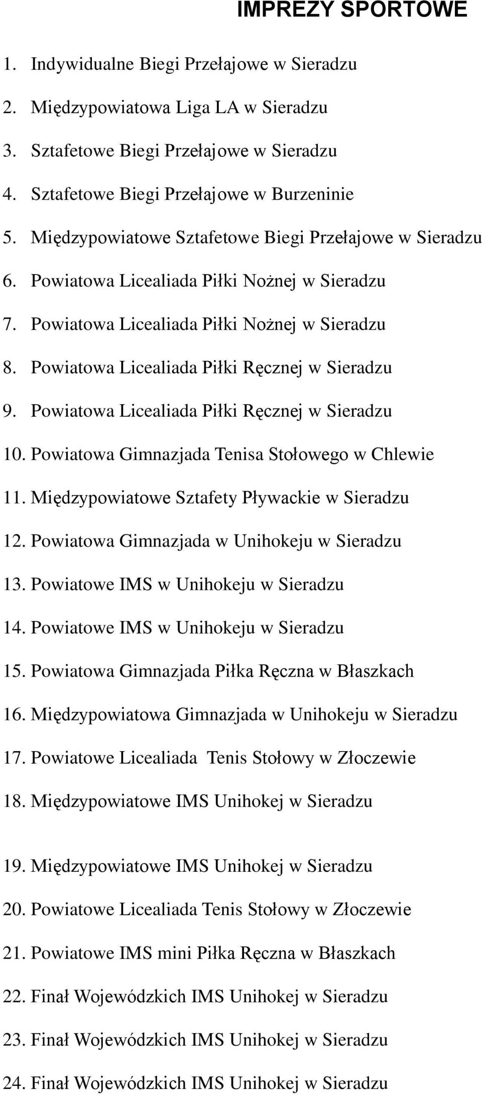 Powiatowa Licealiada Piłki Ręcznej w Sieradzu 9. Powiatowa Licealiada Piłki Ręcznej w Sieradzu 10. Powiatowa Gimnazjada Tenisa Stołowego w Chlewie 11. Międzypowiatowe Sztafety Pływackie w Sieradzu 12.