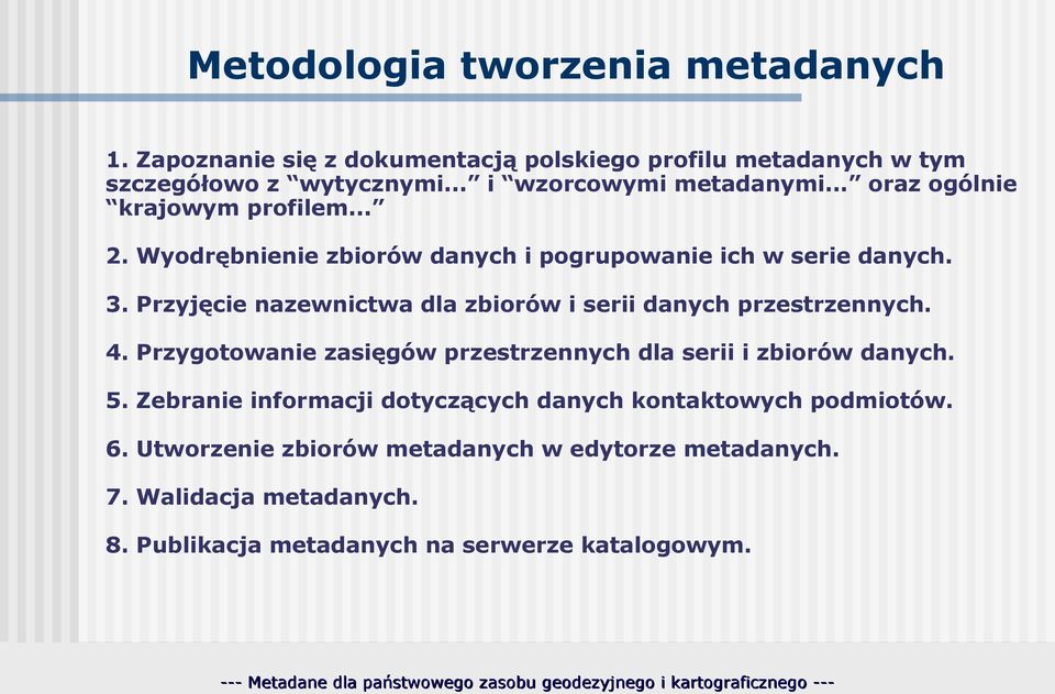 Przyjęcie nazewnictwa dla zbiorów i serii danych przestrzennych. 4. Przygotowanie zasięgów przestrzennych dla serii i zbiorów danych. 5.