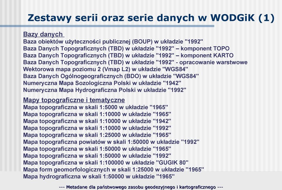 Ogólnogeograficznych (BDO) w układzie "WGS84" Numeryczna Mapa Sozologiczna Polski w układzie "1942" Numeryczna Mapa Hydrograficzna Polski w układzie "1992" Mapy topograficzne i tematyczne Mapa