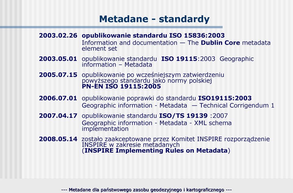 15 opublikowanie po wcześniejszym zatwierdzeniu powyższego standardu jako normy polskiej PN-EN ISO 19115:2005 2006.07.