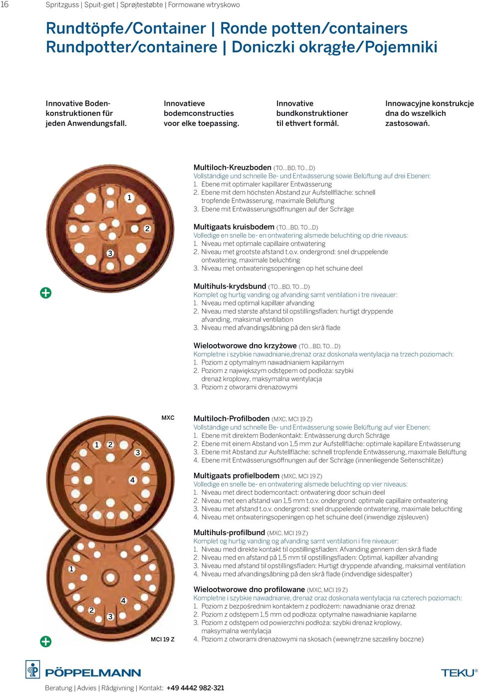 1 Multiloch-Kreuzboden (TO BD, TO D) Vollständige und schnelle Be- und Entwässerung sowie Belüftung auf drei Ebenen: 1. Ebene mit optimaler kapillarer Entwässerung 2.