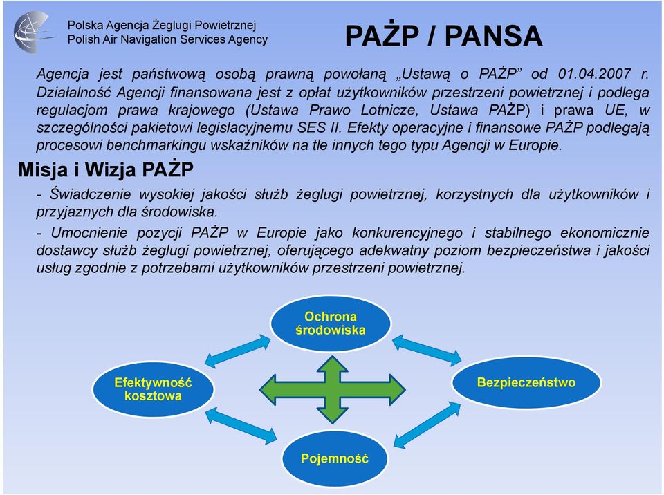 legislacyjnemu l SES II. Efekty operacyjne i finansowe PAŻP podlegają procesowi benchmarkingu wskaźników na tle innych tego typu Agencji w Europie.