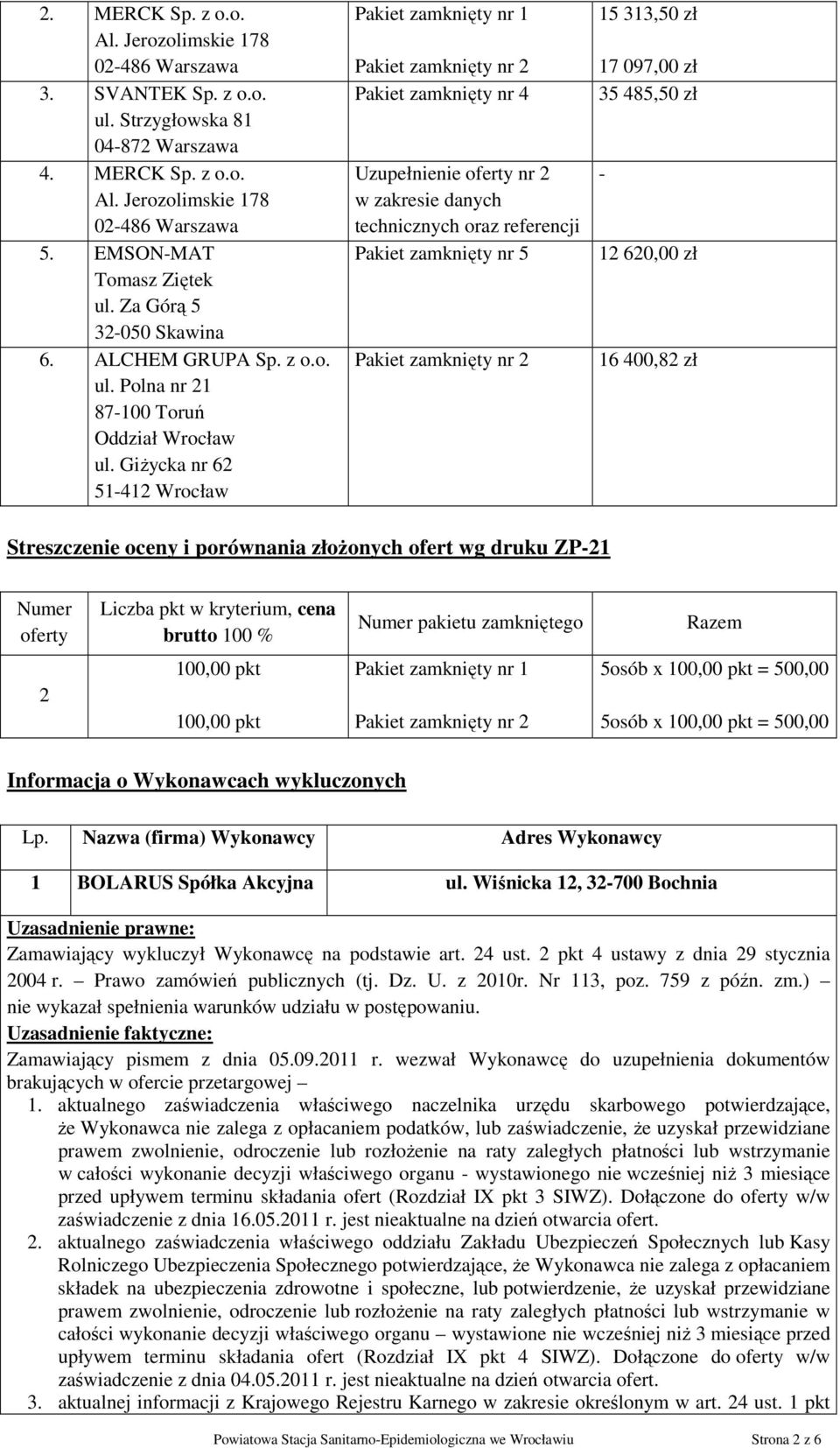 Giżycka nr 62 51-412 Wrocław Pakiet zamknięty nr 1 Pakiet zamknięty nr 2 Pakiet zamknięty nr 4 Uzupełnienie oferty nr 2 w zakresie danych technicznych oraz referencji Pakiet zamknięty nr 5 Pakiet