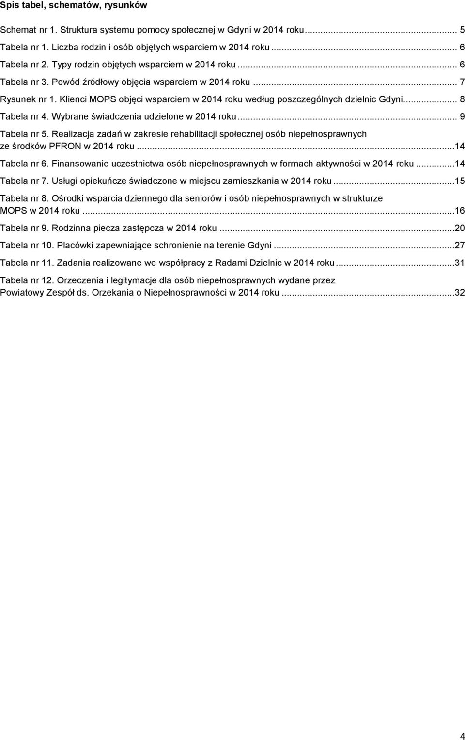 Klienci MOPS objęci wsparciem w 2014 roku według poszczególnych dzielnic Gdyni... 8 Tabela nr 4. Wybrane świadczenia udzielone w 2014 roku... 9 Tabela nr 5.