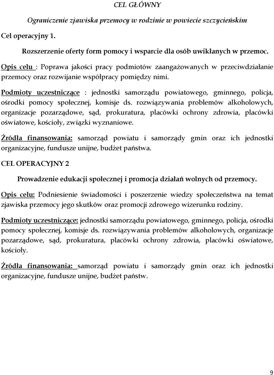 Podmioty uczestniczące : jednostki samorządu powiatowego, gminnego, policja, ośrodki pomocy społecznej, komisje ds.