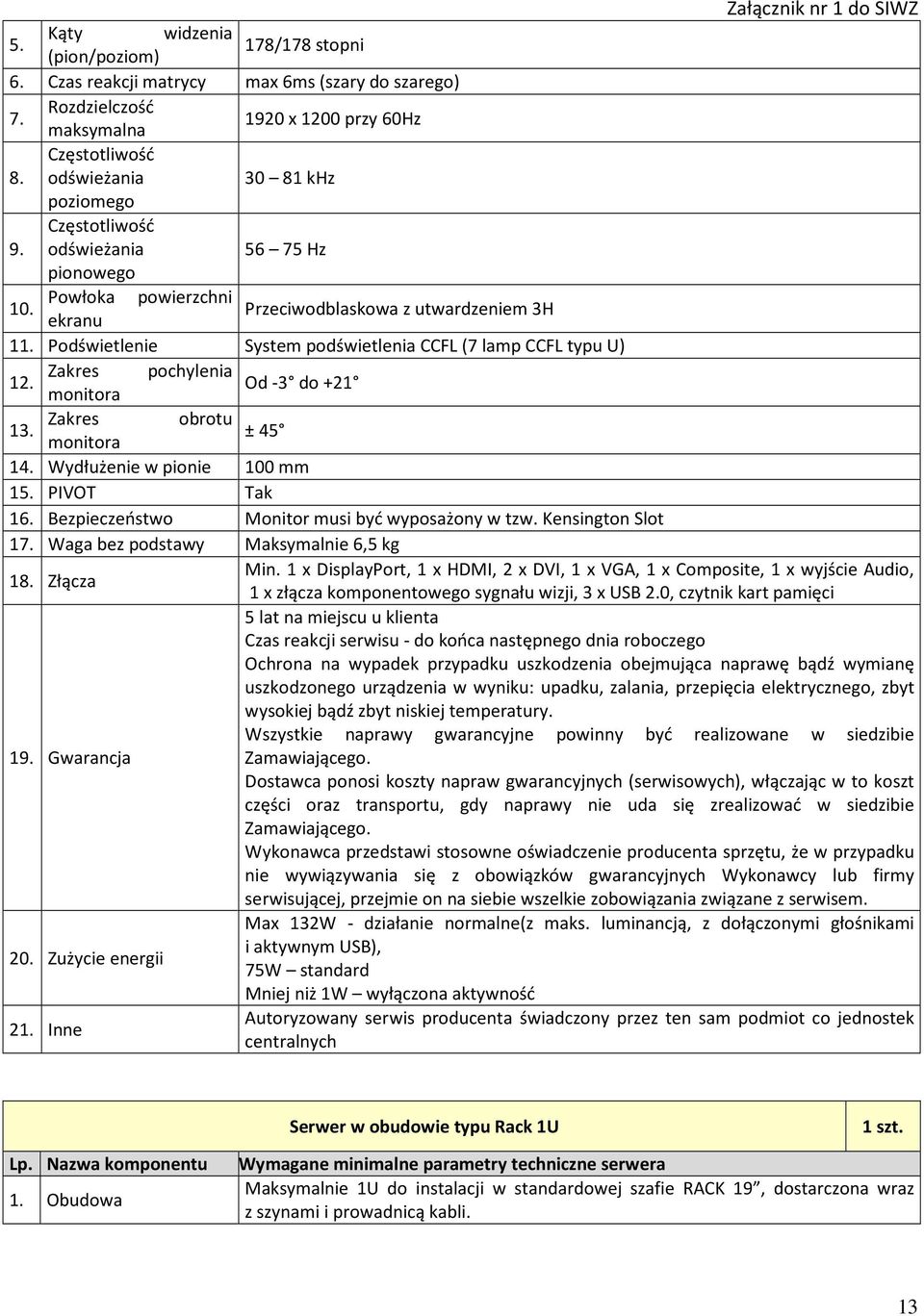 Podświetlenie System podświetlenia CCFL (7 lamp CCFL typu U) Zakres pochylenia 12. Od -3 do +21 monitora Zakres obrotu 13. ± 45 monitora 14. Wydłużenie w pionie 100 mm 15. PIVOT Tak 16.