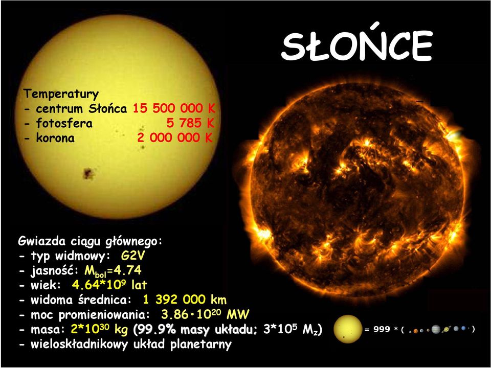 64*10 9 lat - widoma średnica: 1 392 000 km - moc promieniowania: 3.