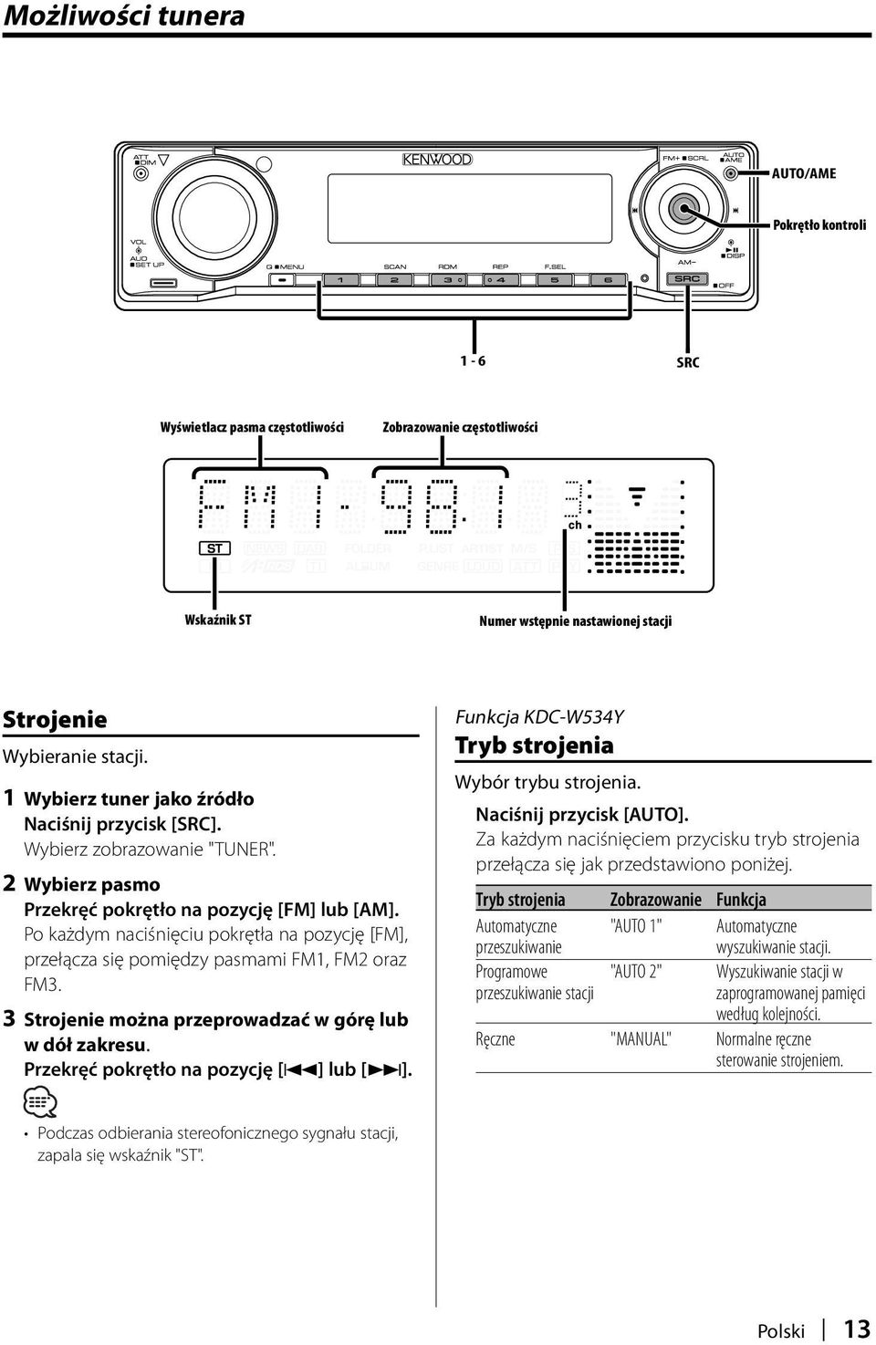 Po każdym naciśnięciu pokrętła na pozycję [FM], przełącza się pomiędzy pasmami FM1, FM2 oraz FM3. 3 Strojenie można przeprowadzać w górę lub w dół zakresu. Przekręć pokrętło na pozycję [4] lub [ ].