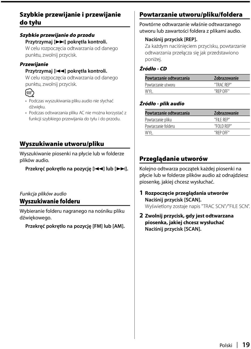 Podczas odtwarzania pliku AC nie można korzystać z funkcji szybkiego przewijania do tyłu i do przodu. Wyszukiwanie utworu/pliku Wyszukiwanie piosenki na płycie lub w folderze plików audio.