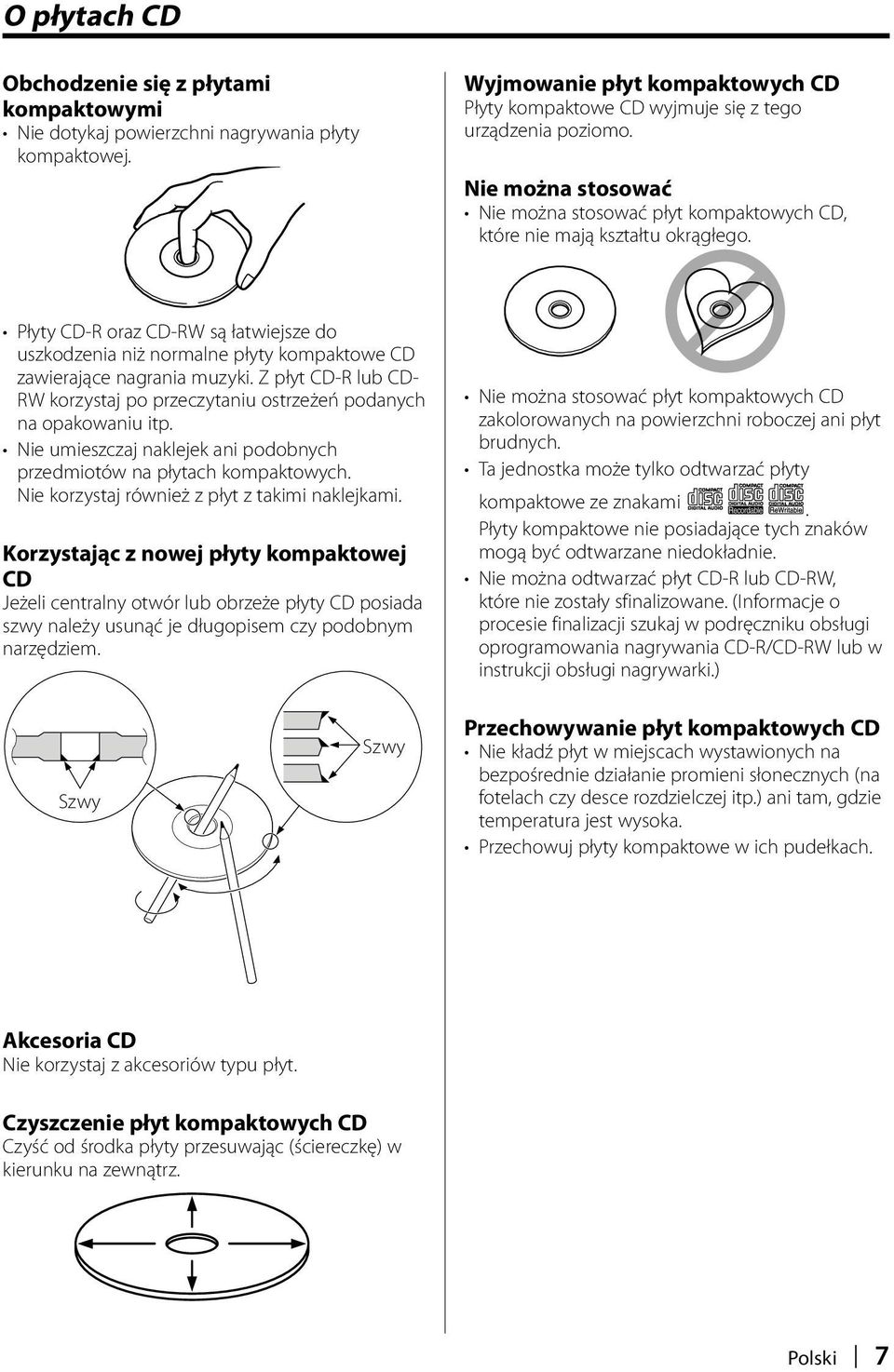 Płyty CD-R oraz CD-RW są łatwiejsze do uszkodzenia niż normalne płyty kompaktowe CD zawierające nagrania muzyki. Z płyt CD-R lub CD- RW korzystaj po przeczytaniu ostrzeżeń podanych na opakowaniu itp.