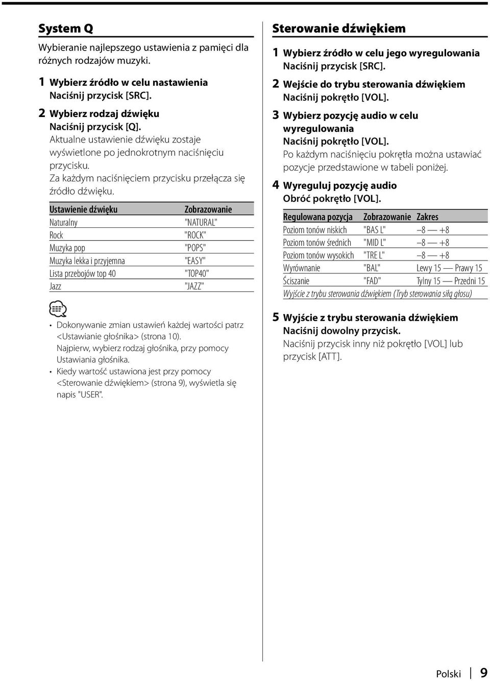 Ustawienie dźwięku Naturalny Rock Muzyka pop Muzyka lekka i przyjemna Lista przebojów top 40 Jazz "NATURAL" "ROCK" "POPS" "EASY" "TOP40" "JAZZ" Dokonywanie zmian ustawień każdej wartości patrz