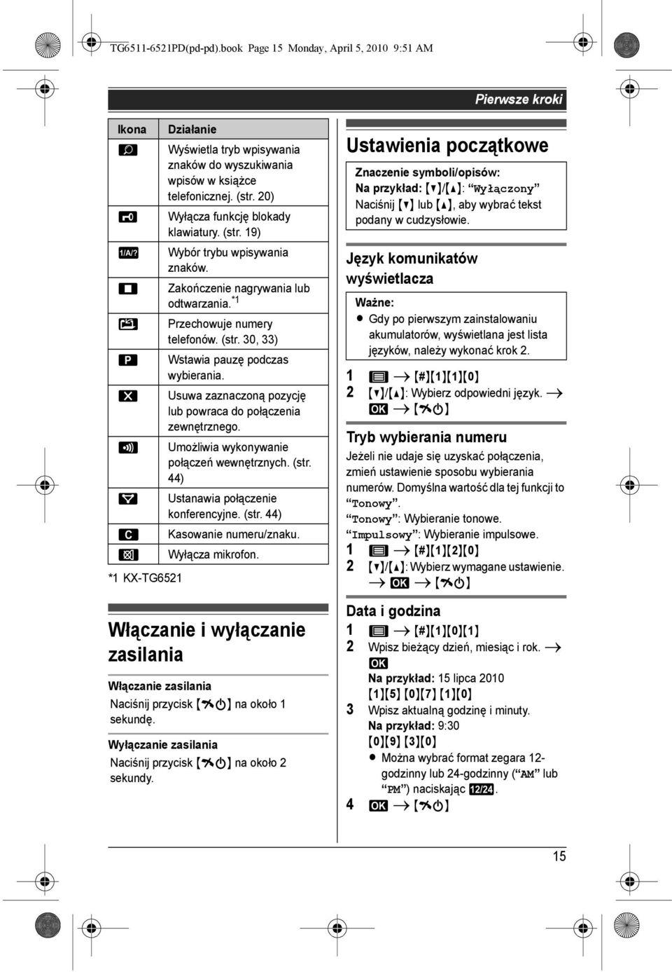 W Usuwa zaznaczoną pozycję lub powraca do połączenia zewnętrznego. *1 KX-TG6521 Działanie 4 Umożliwia wykonywanie połączeń wewnętrznych. (str. 44) w Ustanawia połączenie konferencyjne. (str. 44) ^ Kasowanie numeru/znaku.