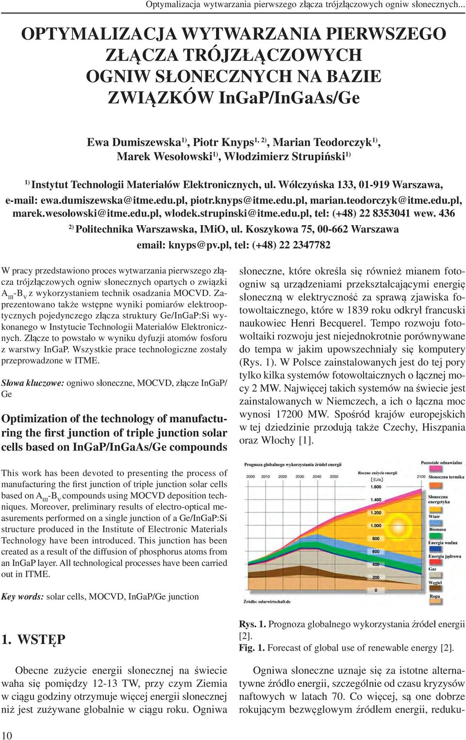 Włodzimierz Strupiński 1) 1) Instytut Technologii Materiałów Elektronicznych, ul. Wólczyńska 133, 01-919 Warszawa, e-mail: ewa.dumiszewska@itme.edu.pl, piotr.knyps@itme.edu.pl, marian.teodorczyk@itme.