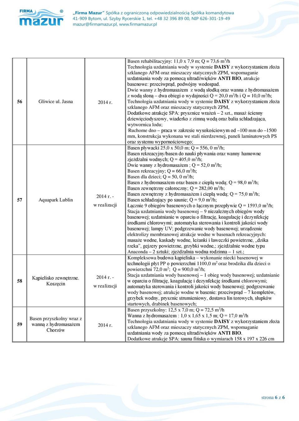 wykorzystaniem złoża szklanego AFM oraz mieszaczy statycznych ZPM, wspomaganie uzdatniania wody za pomocą ultradźwięków ANTI BIO, atrakcje basenowe: przeciwprąd, podwójny wodospad.